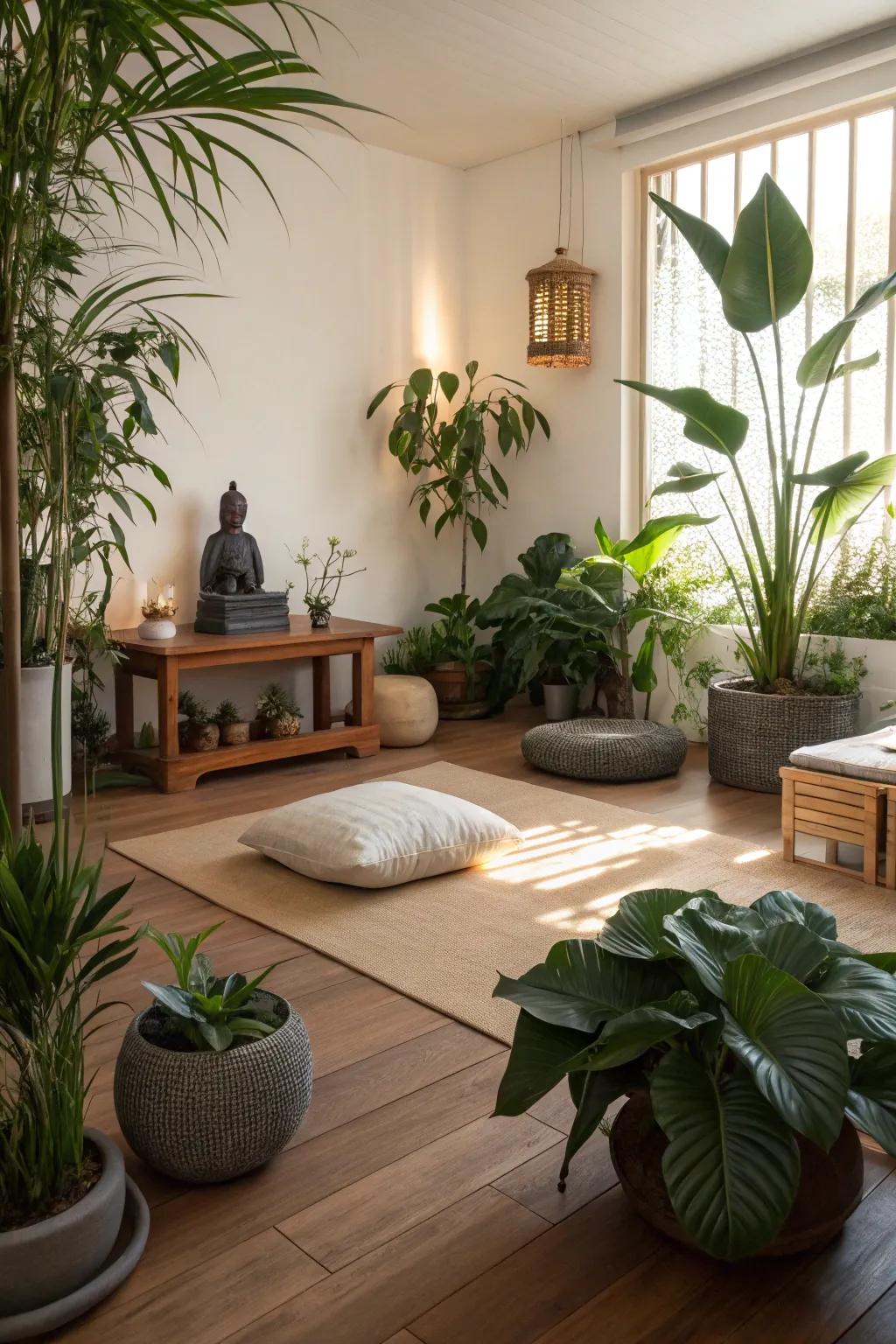 Greenery gives your meditation room a calming, natural feel.