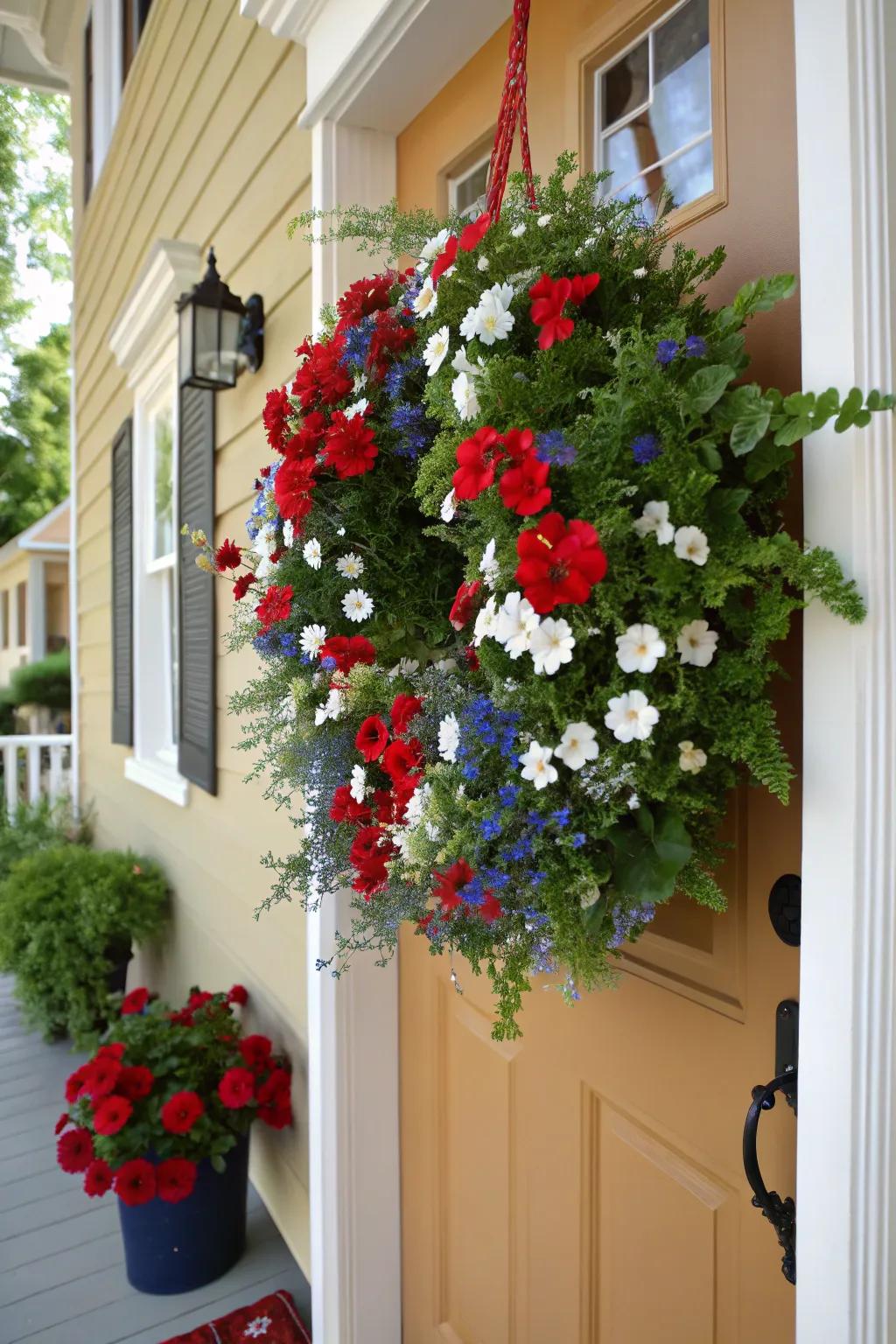 A vibrant floral wreath overflowing with patriotic shades.