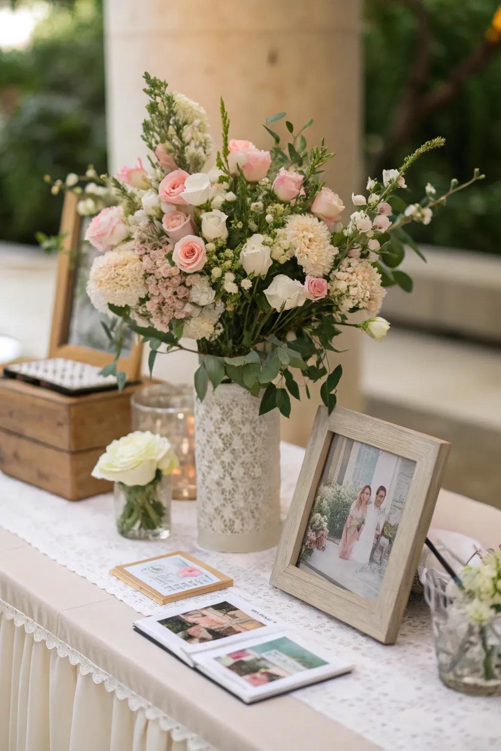 Sophisticated blossoms introduce grace and charm to a wedding remembrance setting.