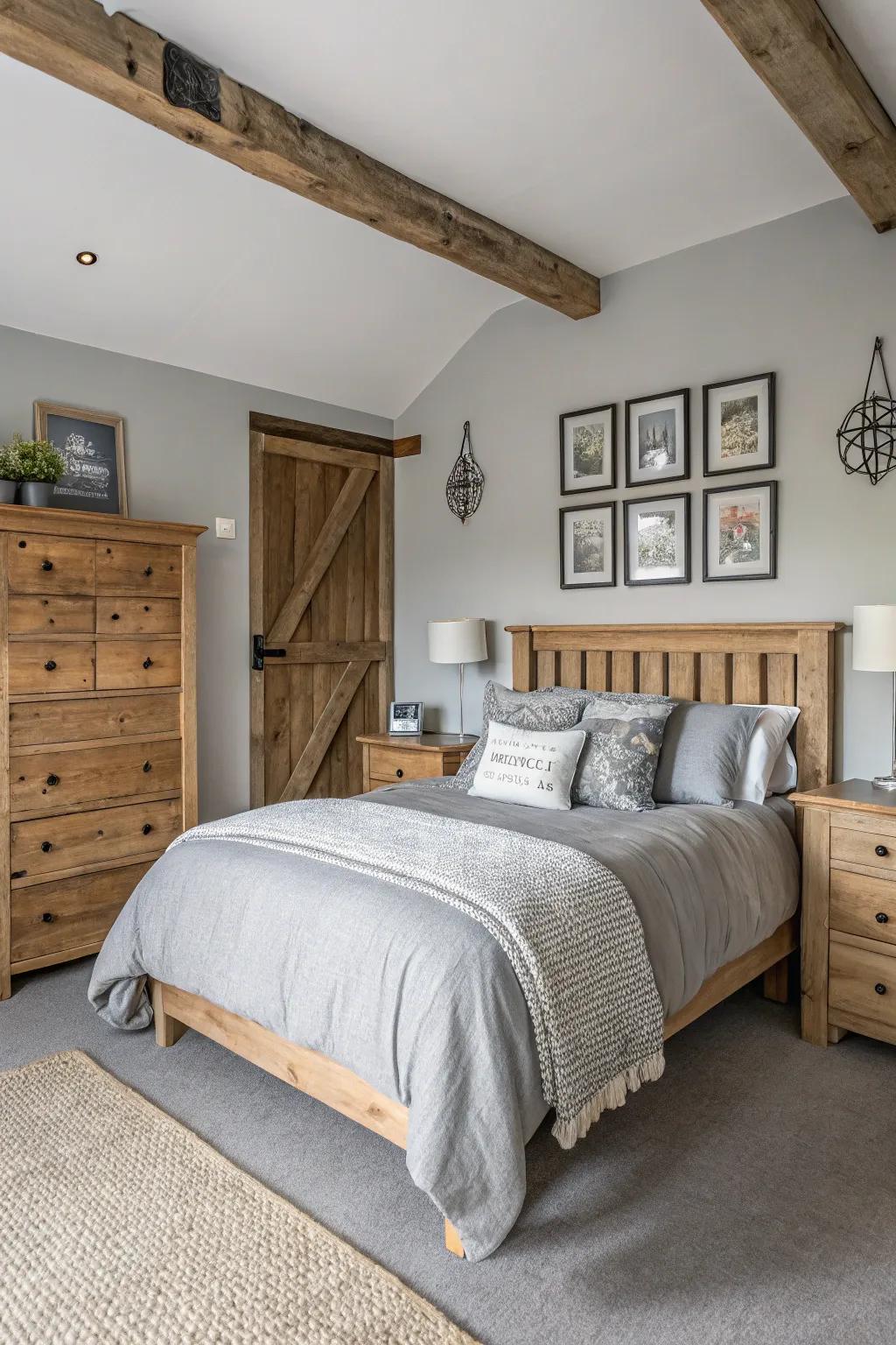 Natural timber brings warmth to grey tones in this welcoming bedroom.
