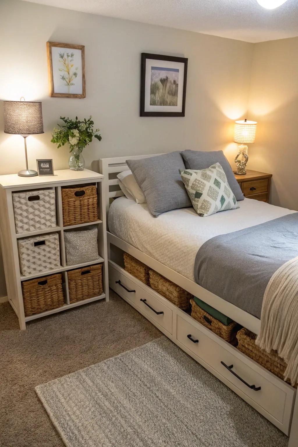 Practical furnishings optimize restricted space.