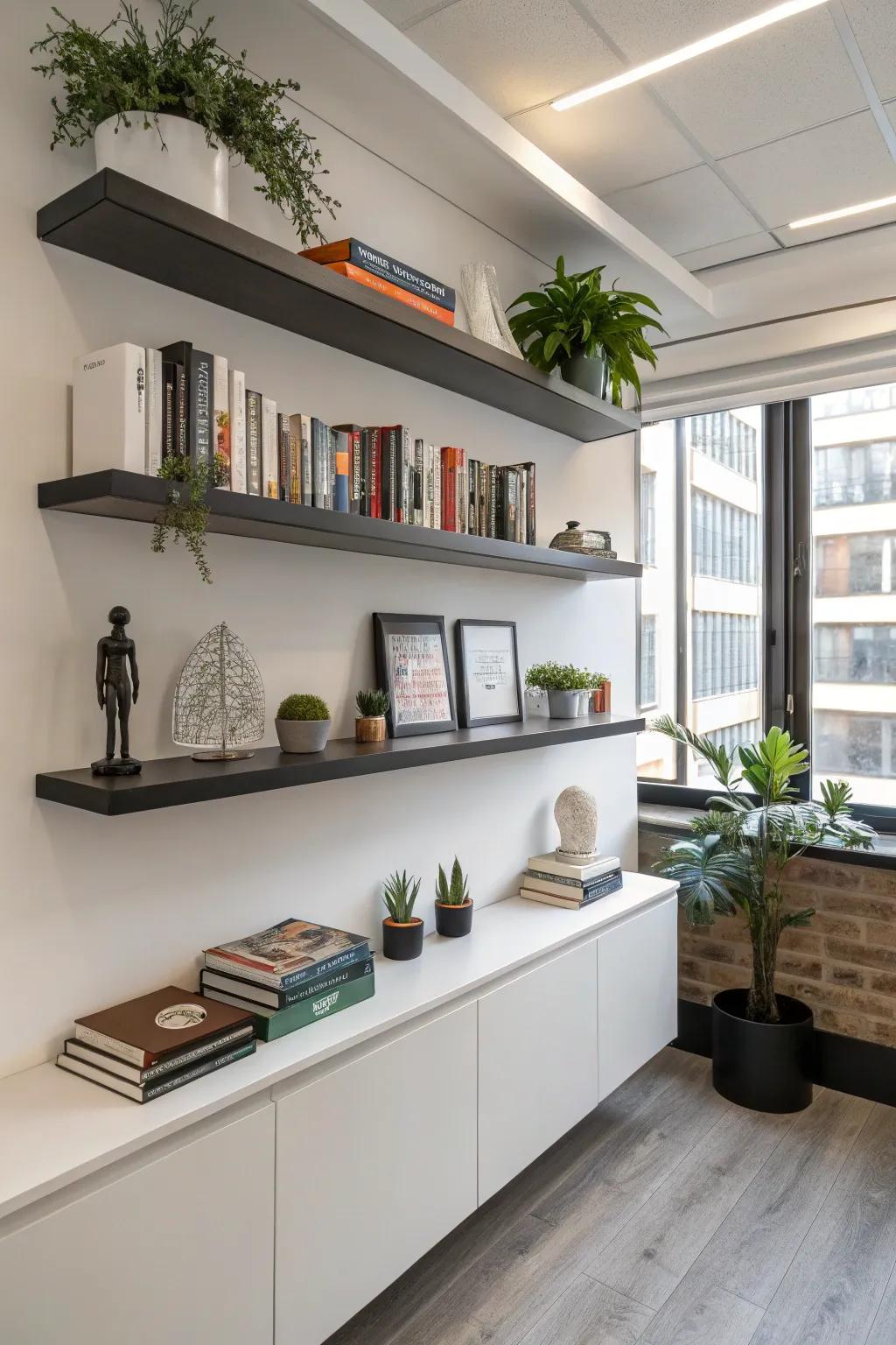 Floating shelves offer stylish storage options while saving valuable floor space.