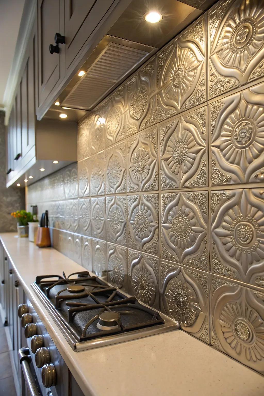 A kitchen wall adorned with aesthetically striking textured metal accents.