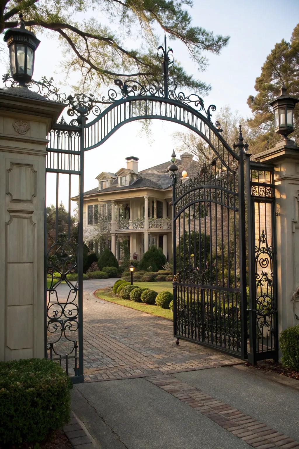 A timeless iron driveway gate that introduces elegance to your home's façade.
