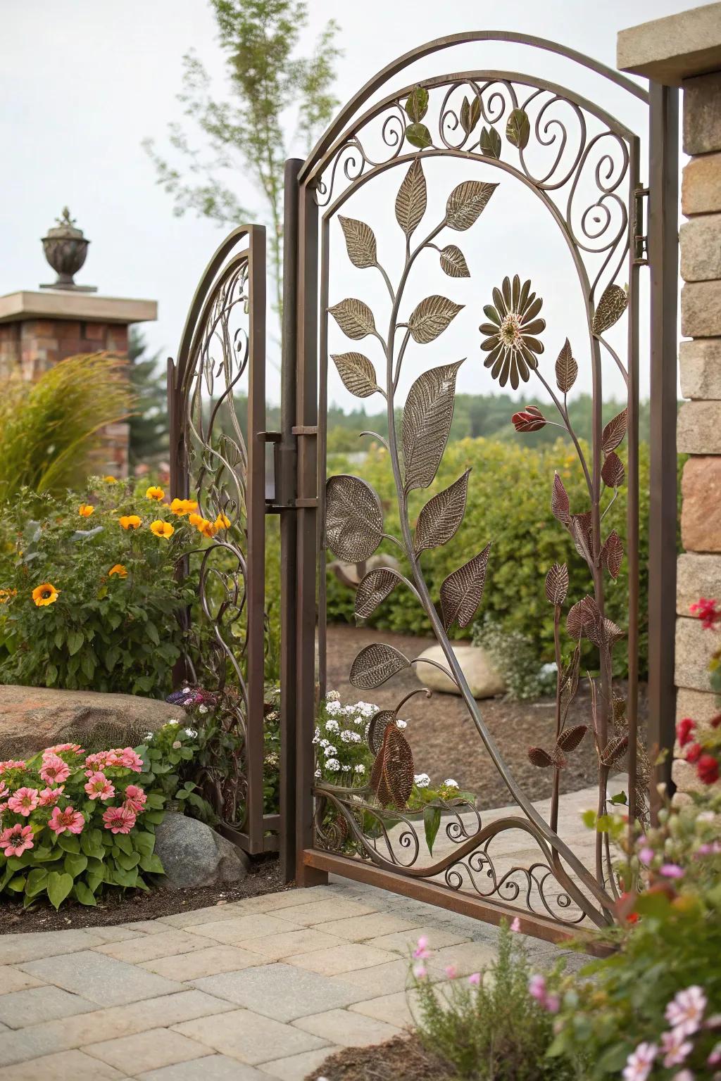 Nature-inspired details impart an artistic sentiment to metal gates.