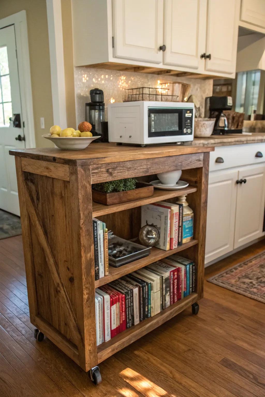 Enhance your space with a rustic wood microwave cart.