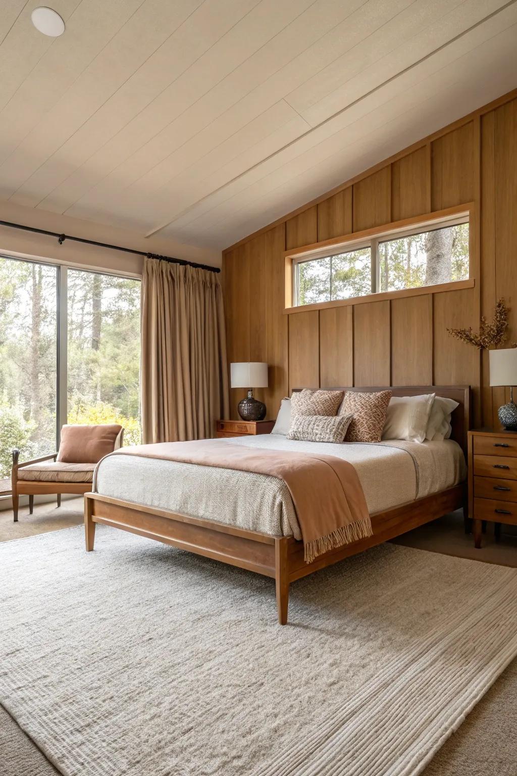 A mid-century modern bedroom featuring a calming palette of earthy, neutral tones.