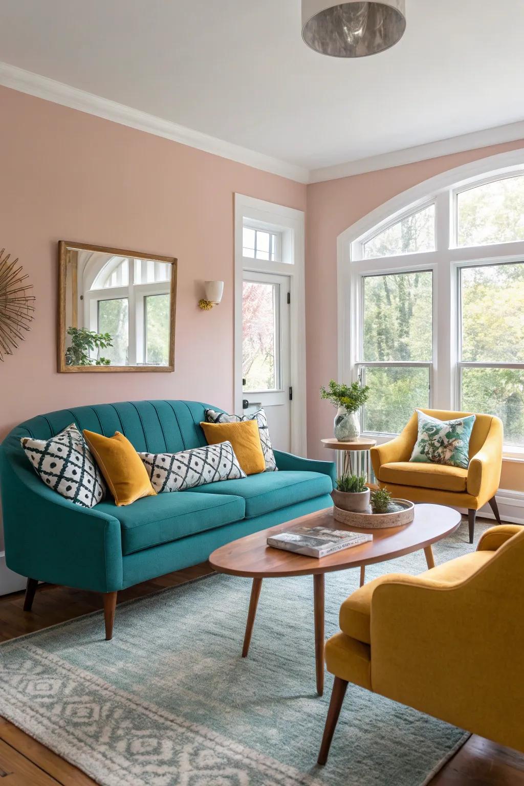 Bright color additions such as teal and mustard bring life to this mid-century modern room.