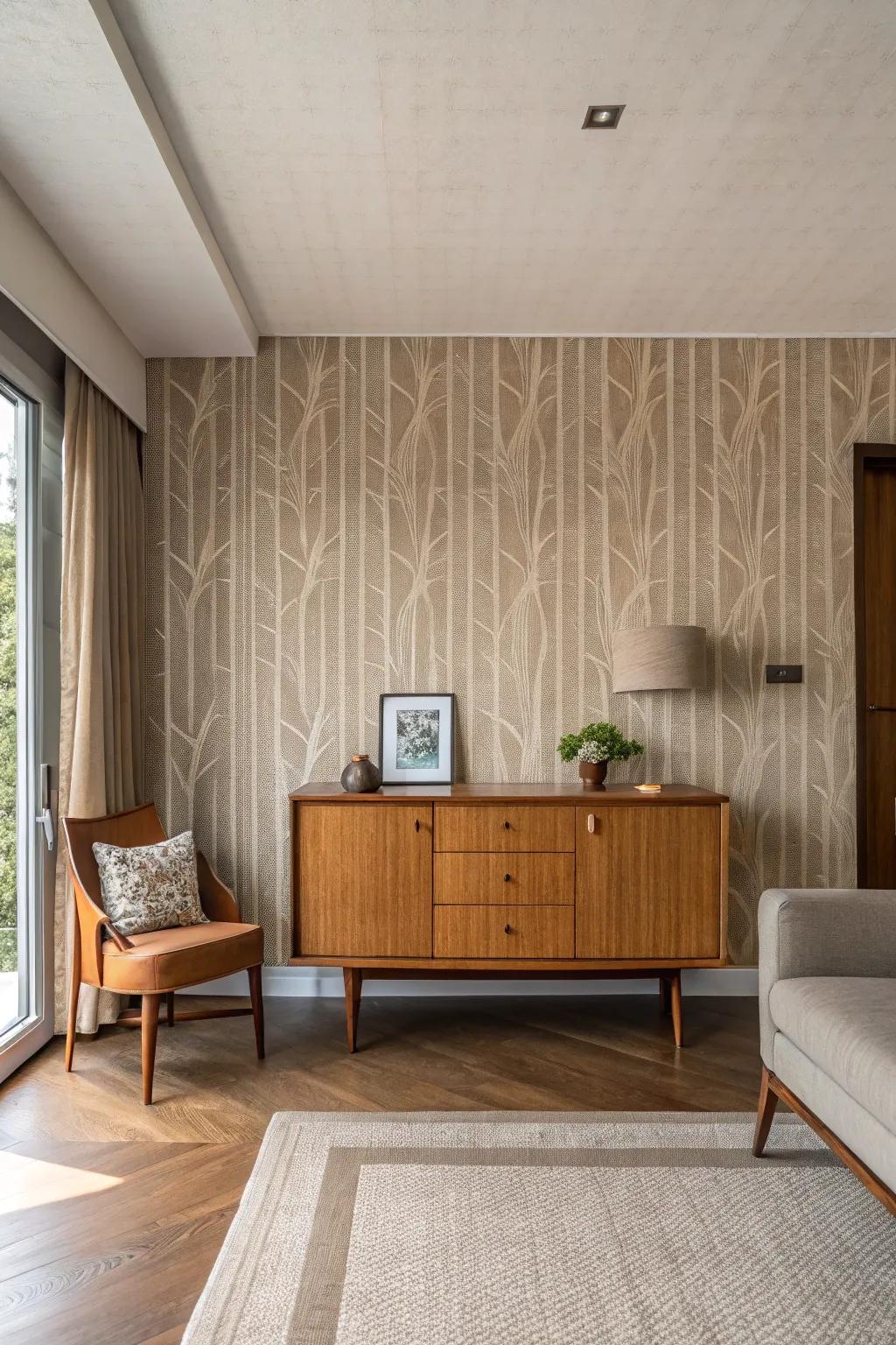 Space with subdued natural-toned mid-century wallcovering.