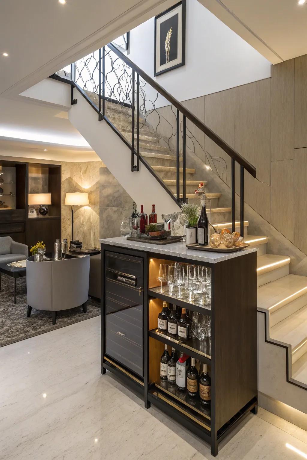 A mini bar beneath the stairs maximizes space effectiveness and adds surprise.