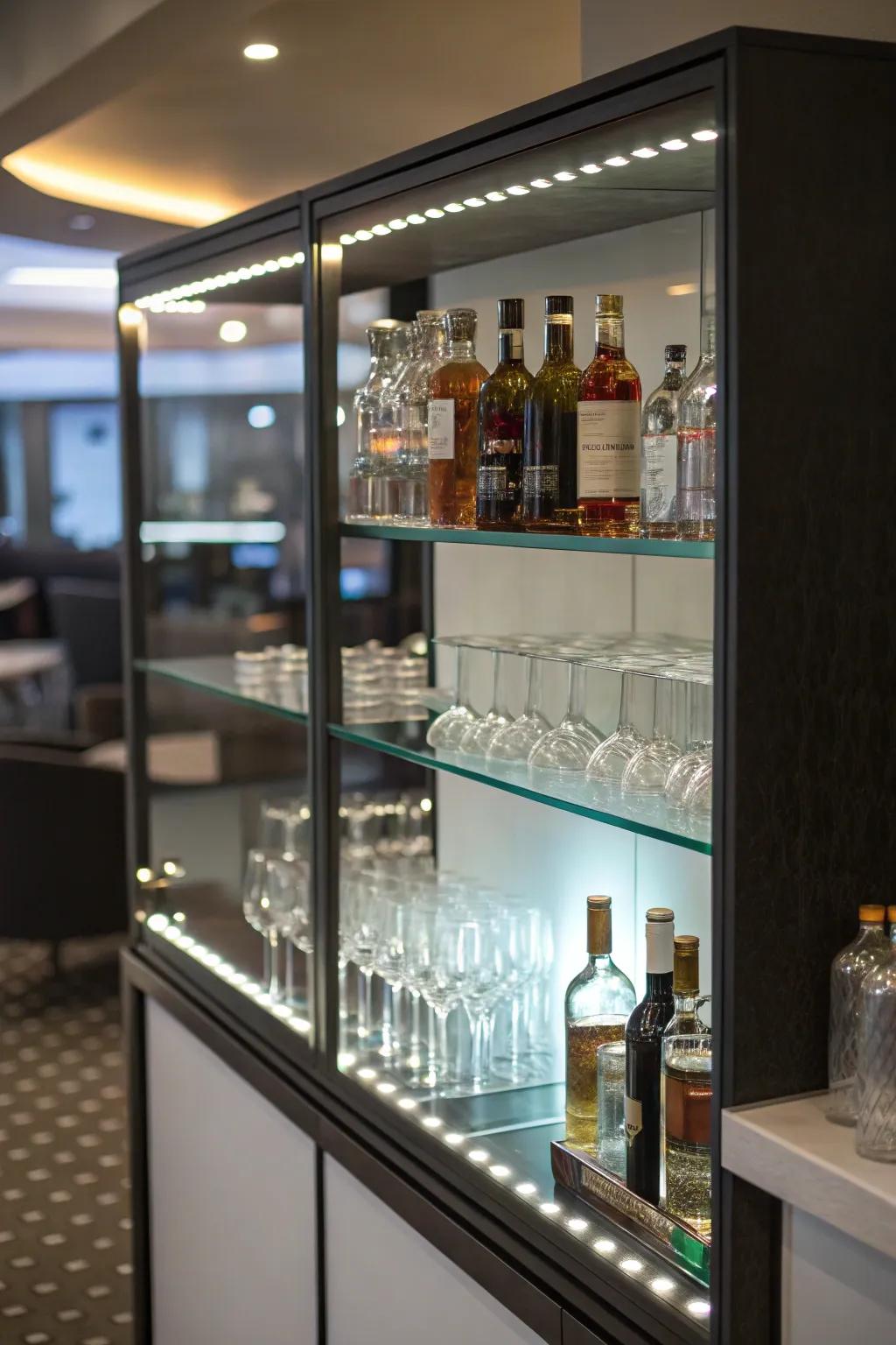 Under-shelf LED lights contribute a modern element to the home bar.