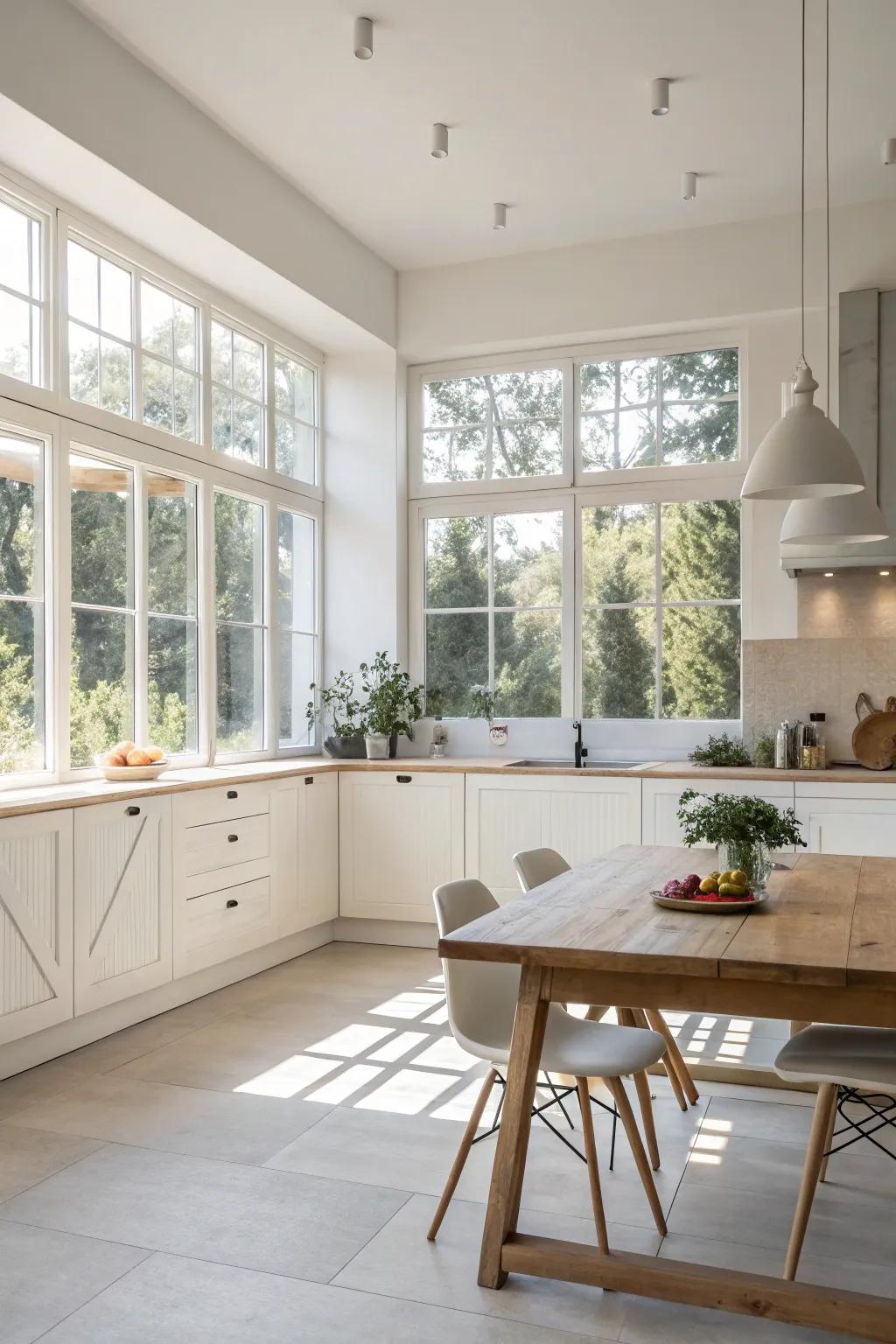 Natural light fills a minimalist kitchen, crafting an open and airy atmosphere.