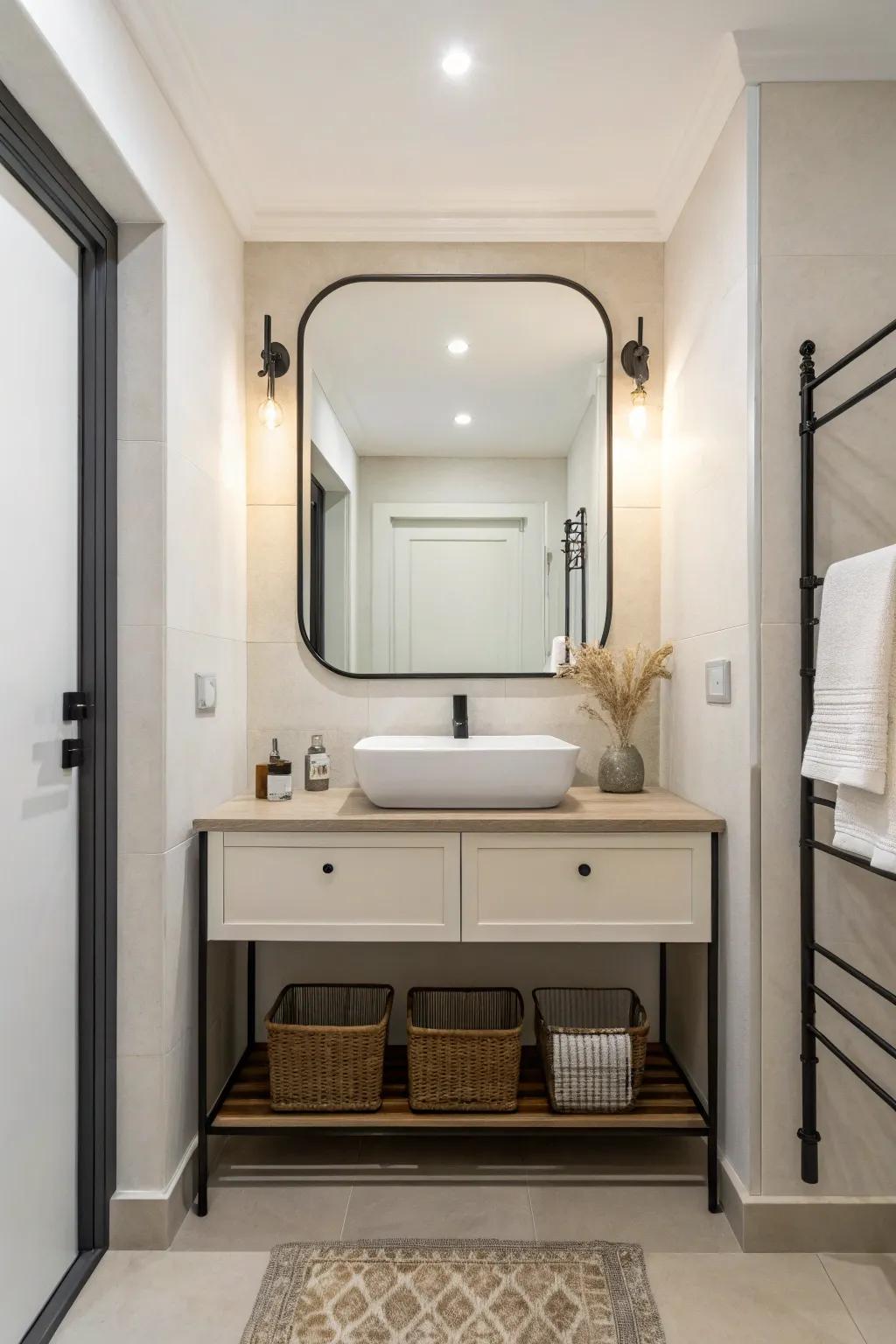 A smooth metal-framed mirror complements a minimalist bathroom.