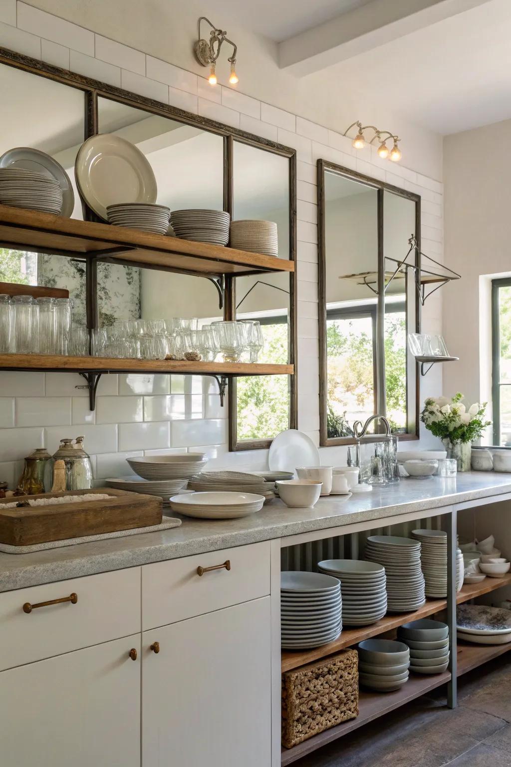 Open shelves backed with mirrors, boosting depth and showcasing dishware.
