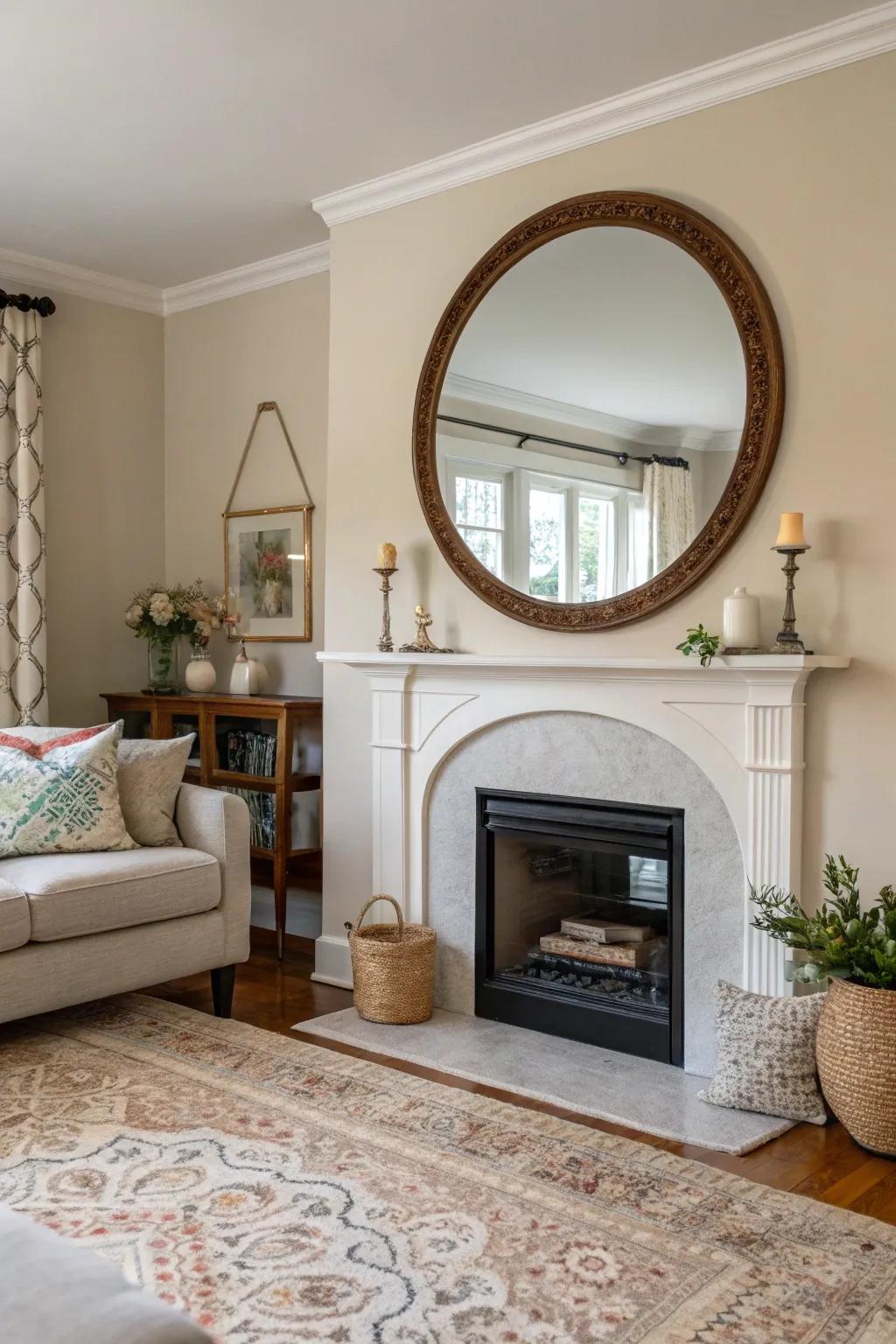 Circular looking glasses introduce softness and grace above the fireplace.