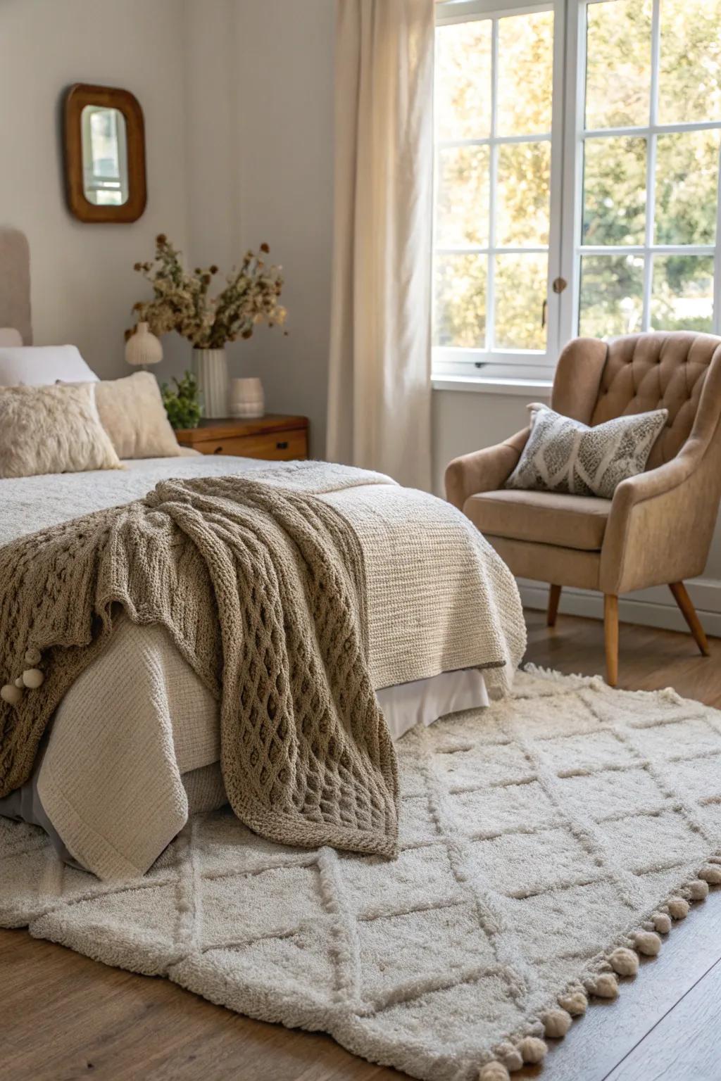 Layering textures brings depth and warmth to your bedroom.