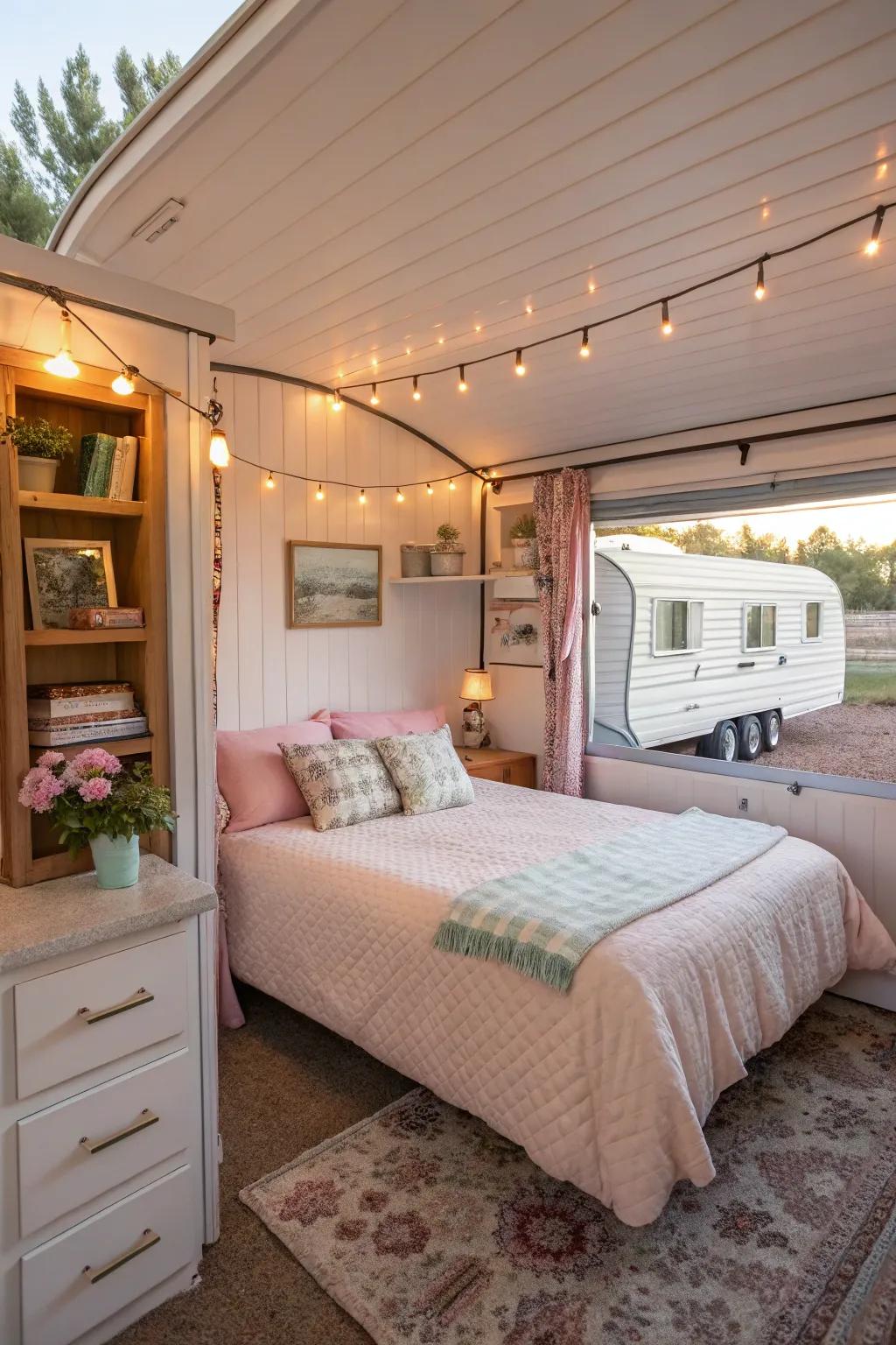 A nicely adorned additional sleeping area addition to a mobile home, yielding extra living space.