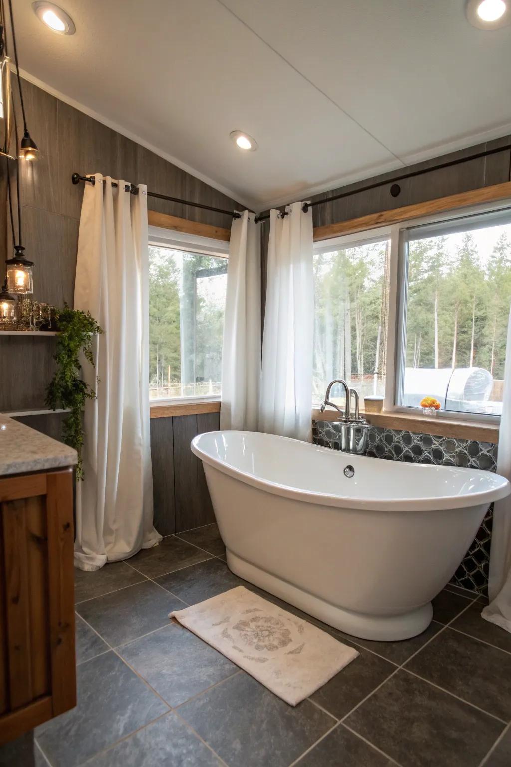A detached tub assumes the role of a lavish focal element within this mobile home bathroom.
