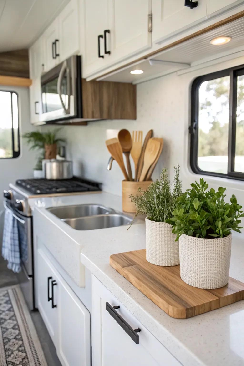 Elegant quartz countertops revitalizing the mobile kitchen.