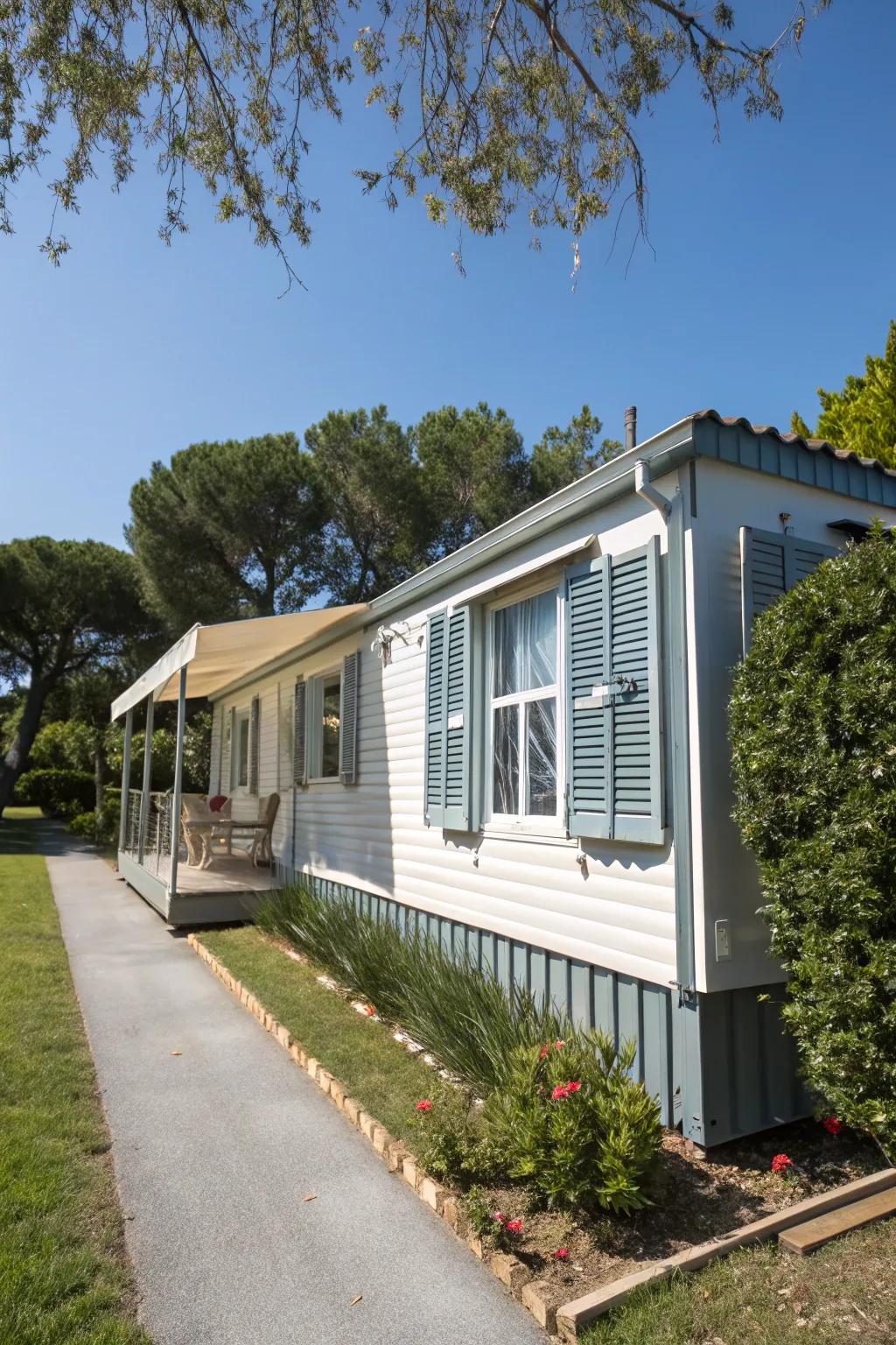 Elegant louvered shutters enhancing a mobile home's charm.