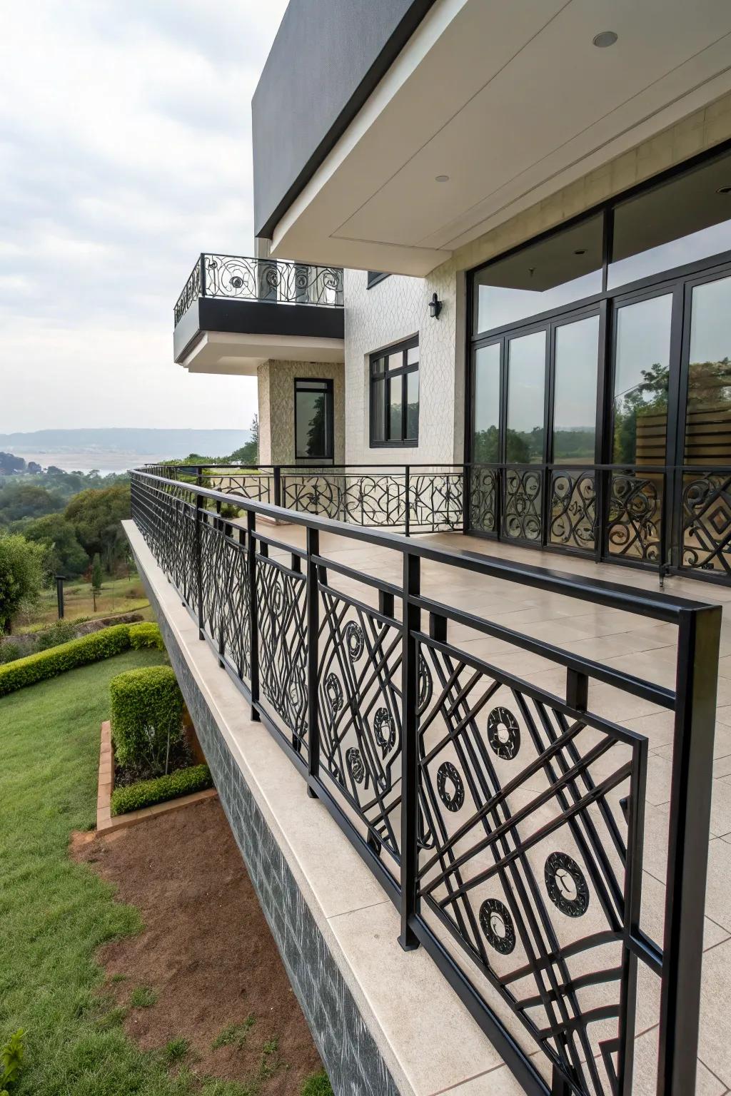 Balcony border with striking geometric motifs, positioned against a contemporary home exterior