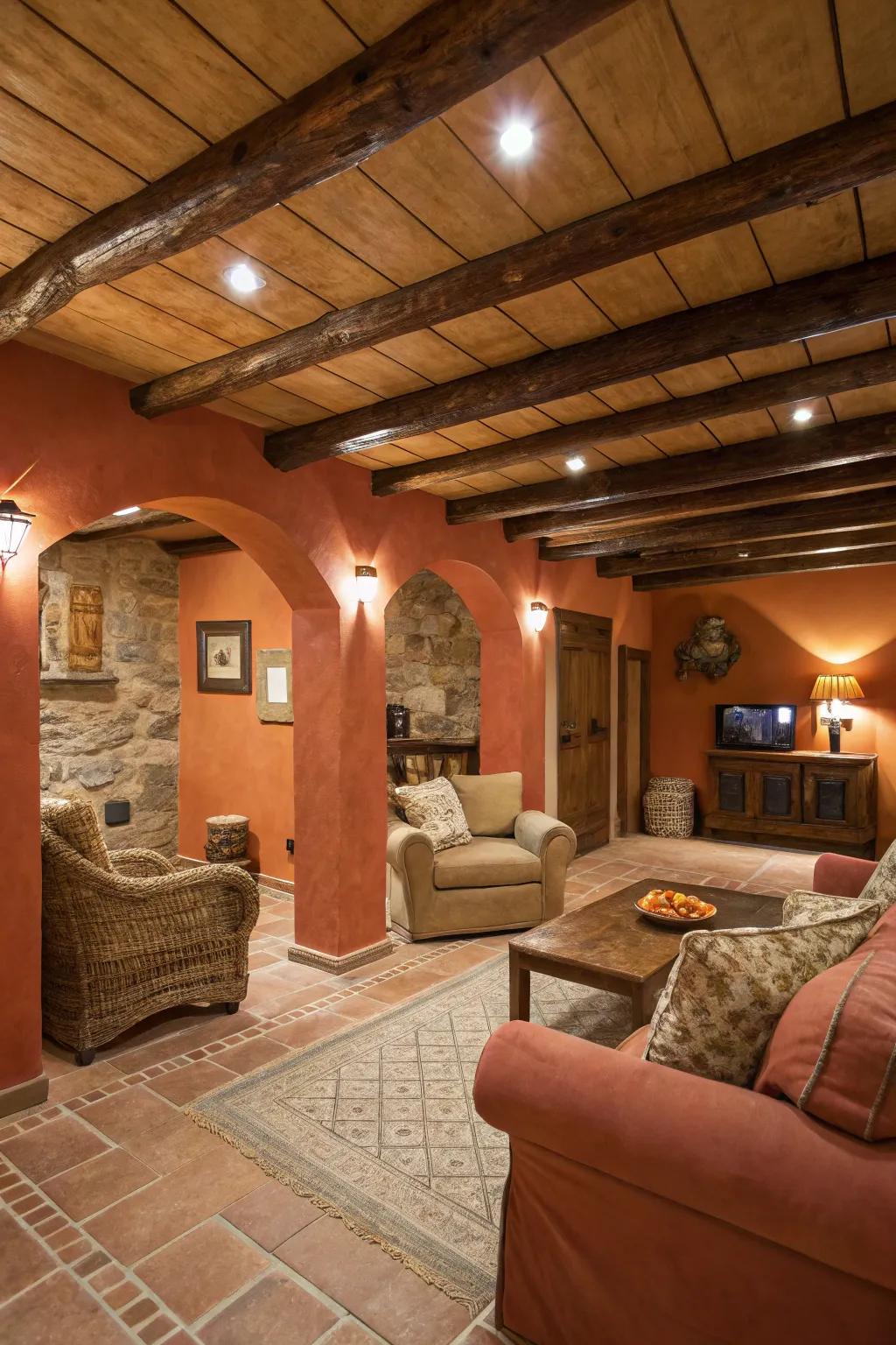 Earthenware red tones add warmth and a hint of nature to your basement.