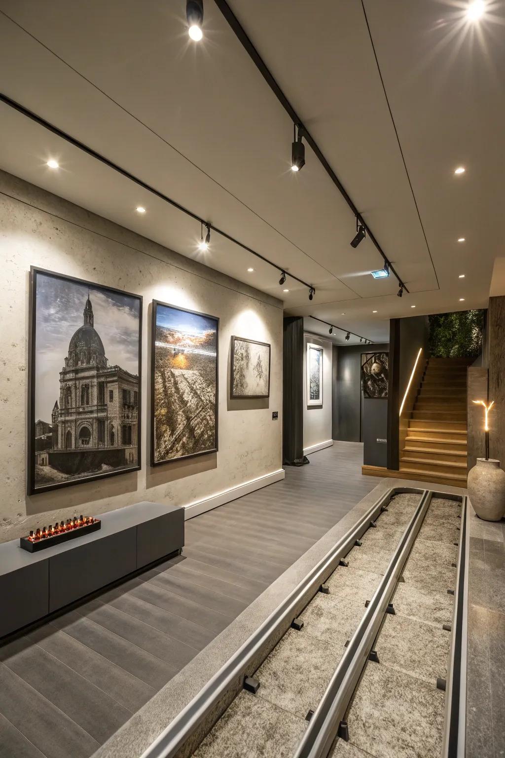 Rail lighting delivers focus and flexibility, magnifying the basement’s structural allure.