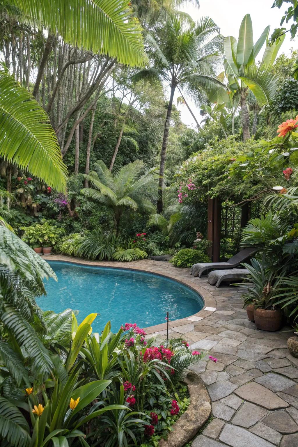 Exotic flora imparts a resort vibe to your backyard pool.