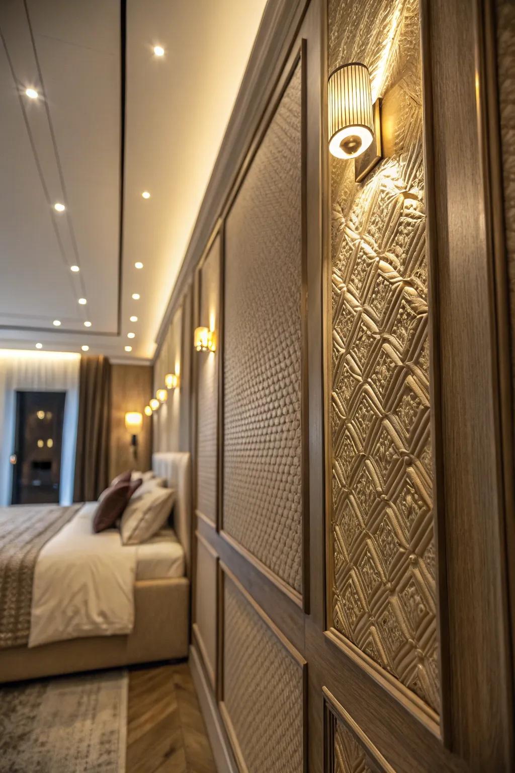 Built-in lighting within paneling adds a warm, inviting glow.