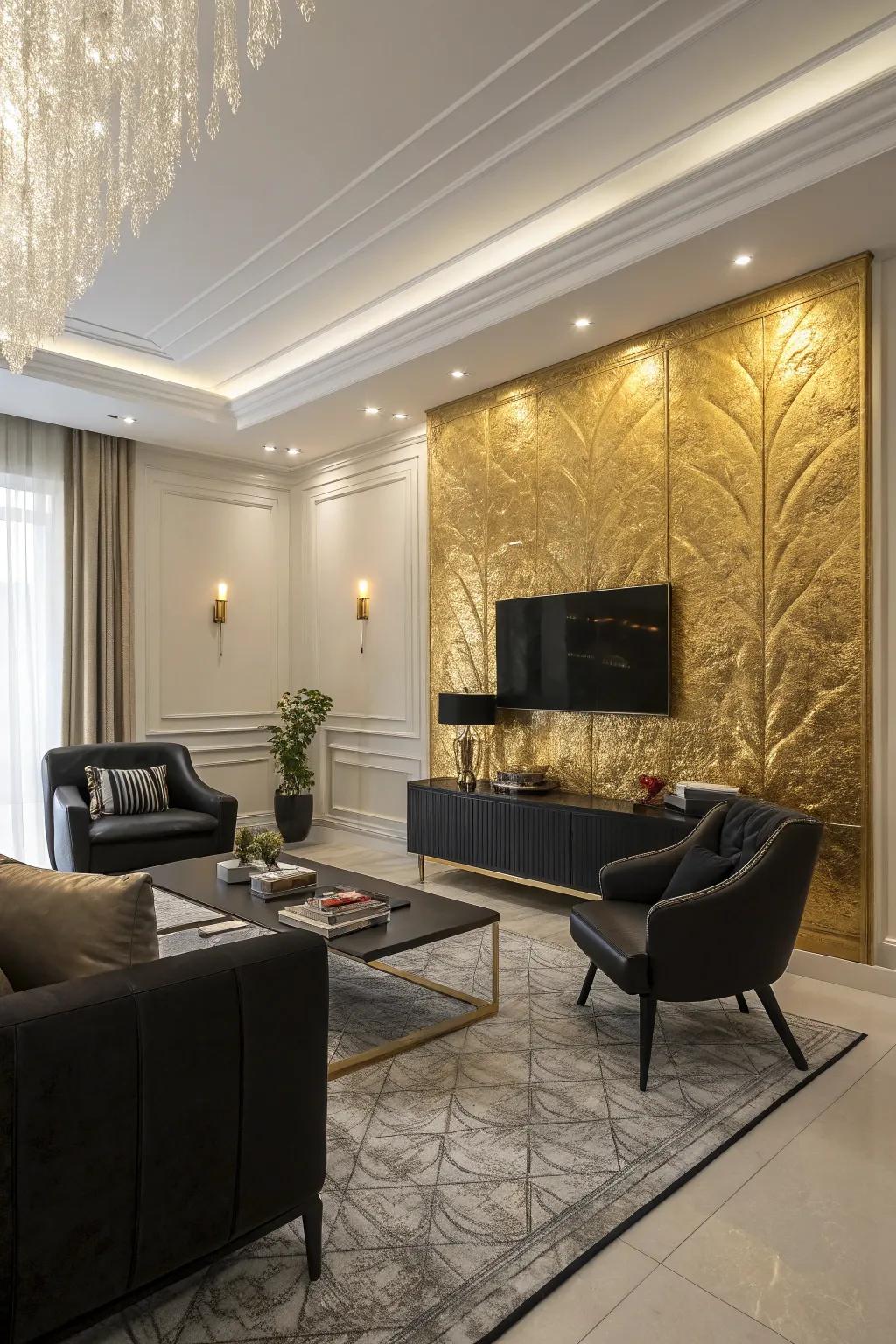 A striking gold accent wall provides depth and luxury to the space.