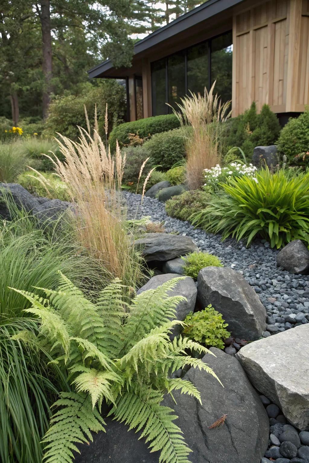 Dark stones highlighting vibrant greenery.
