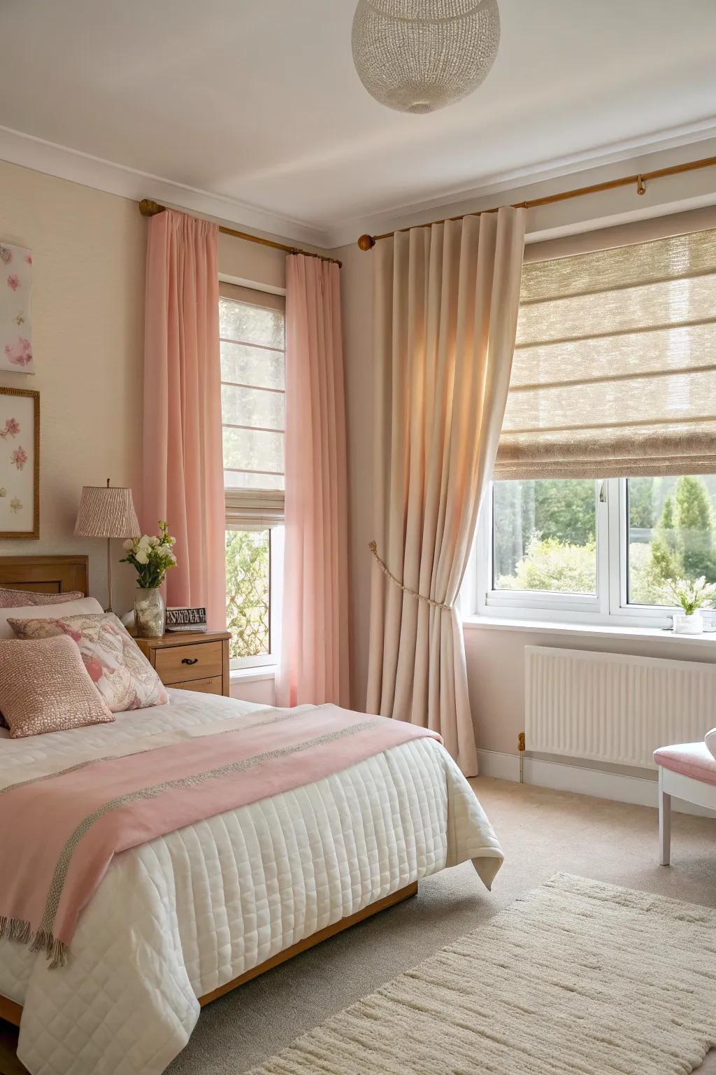 Combining window coverings and drapes enhances dimension and flair.