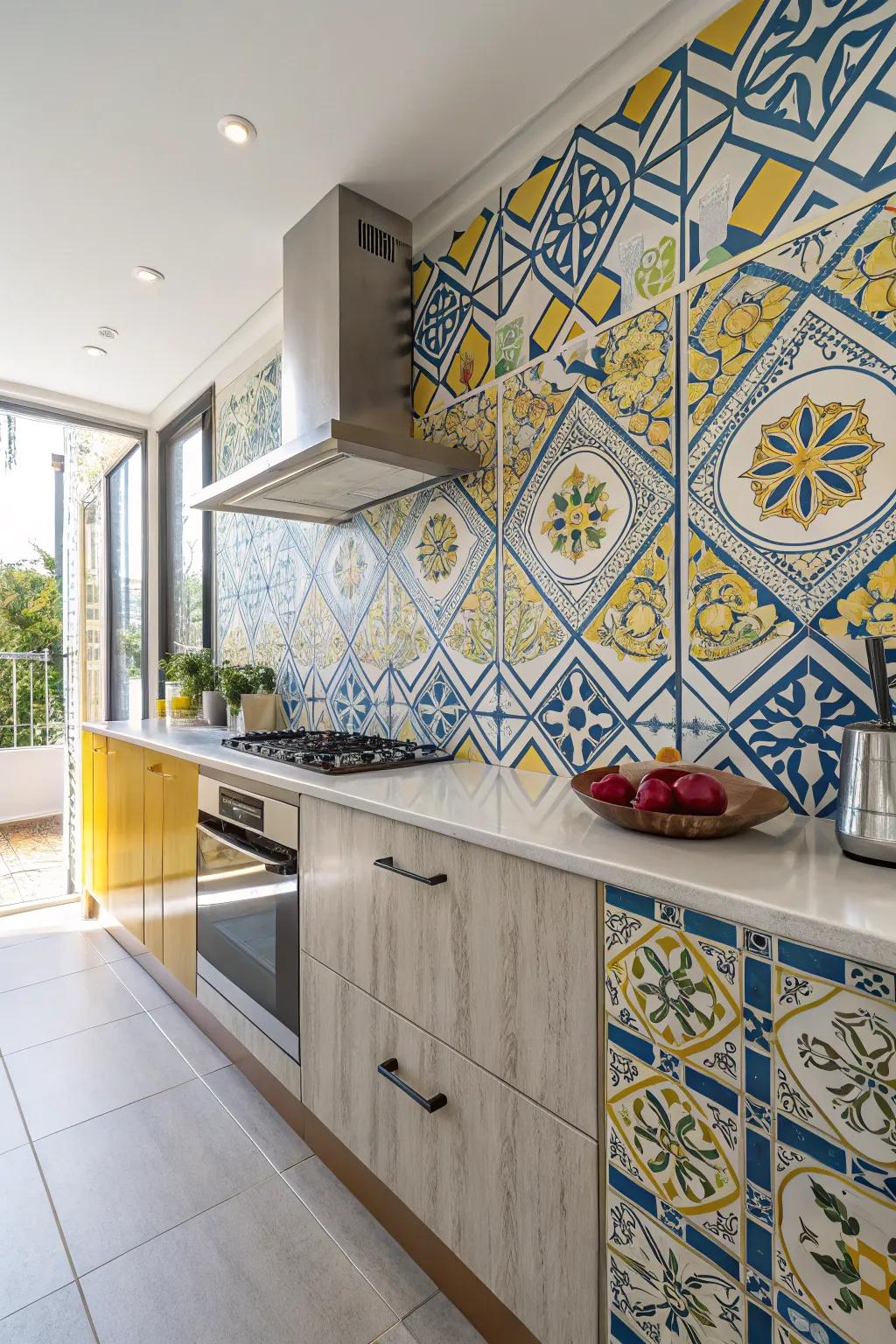 Symmetrical tiles craft a captivating focal detail within this cooking area.