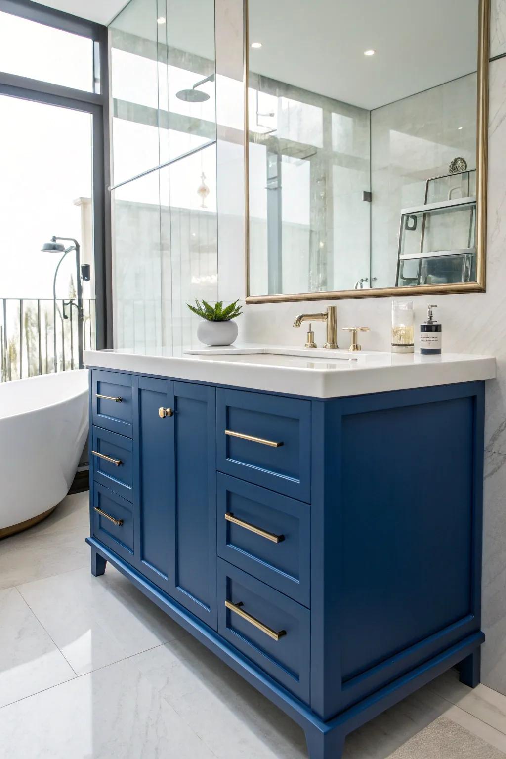 A cobalt azure console distinguishes itself as a daring highlight in this refined washroom.