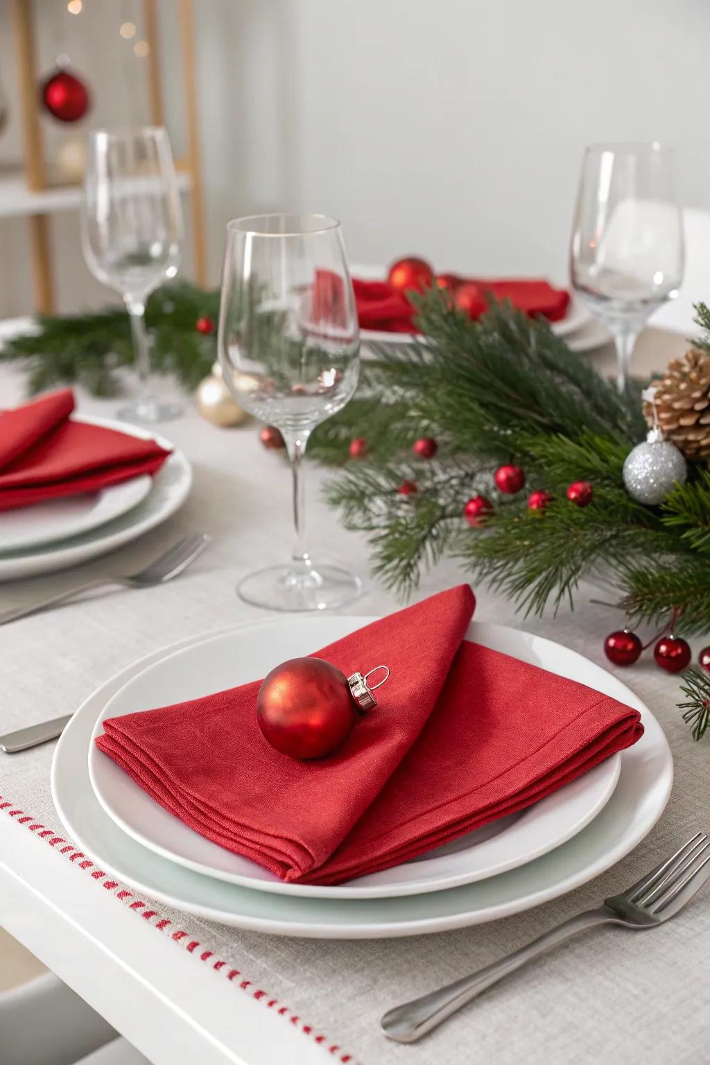 A contemporary Christmas tablescape featuring delicate scarlet touches.