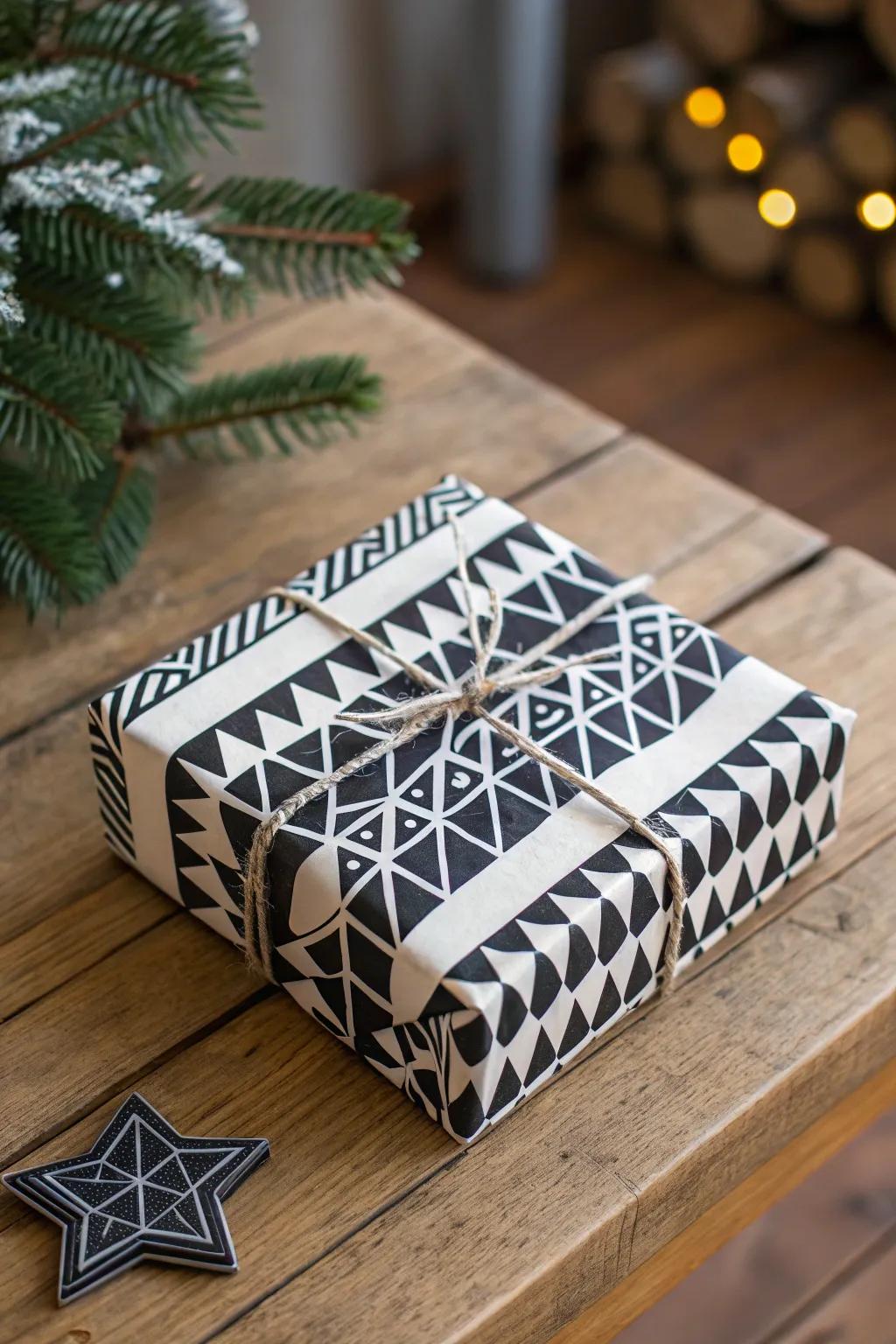 A contemporary gift encased in geometric patterned paper, offering a fashionable holiday display.