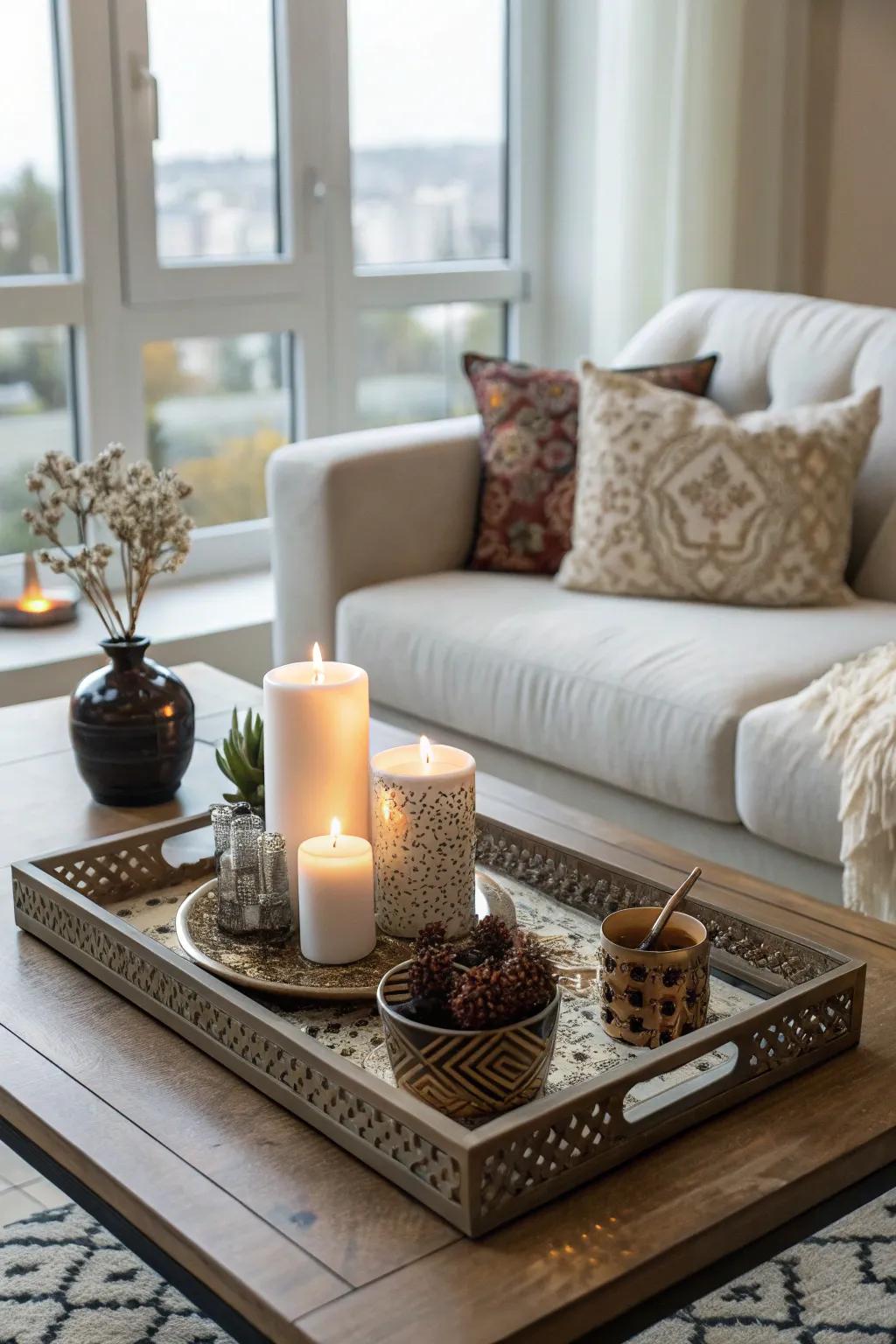 An elegant platter merges organization with high style on your coffee table.
