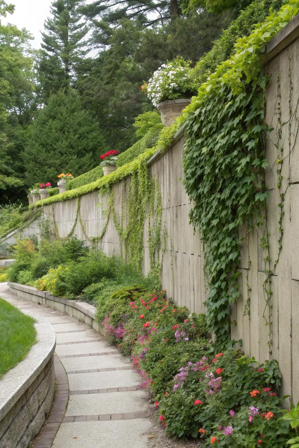 Concrete wall adorned with climbing vines and plentiful greenery.