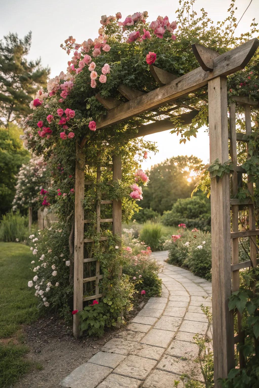 Trellises provide vertical interest and a canvas for colorful blooms.