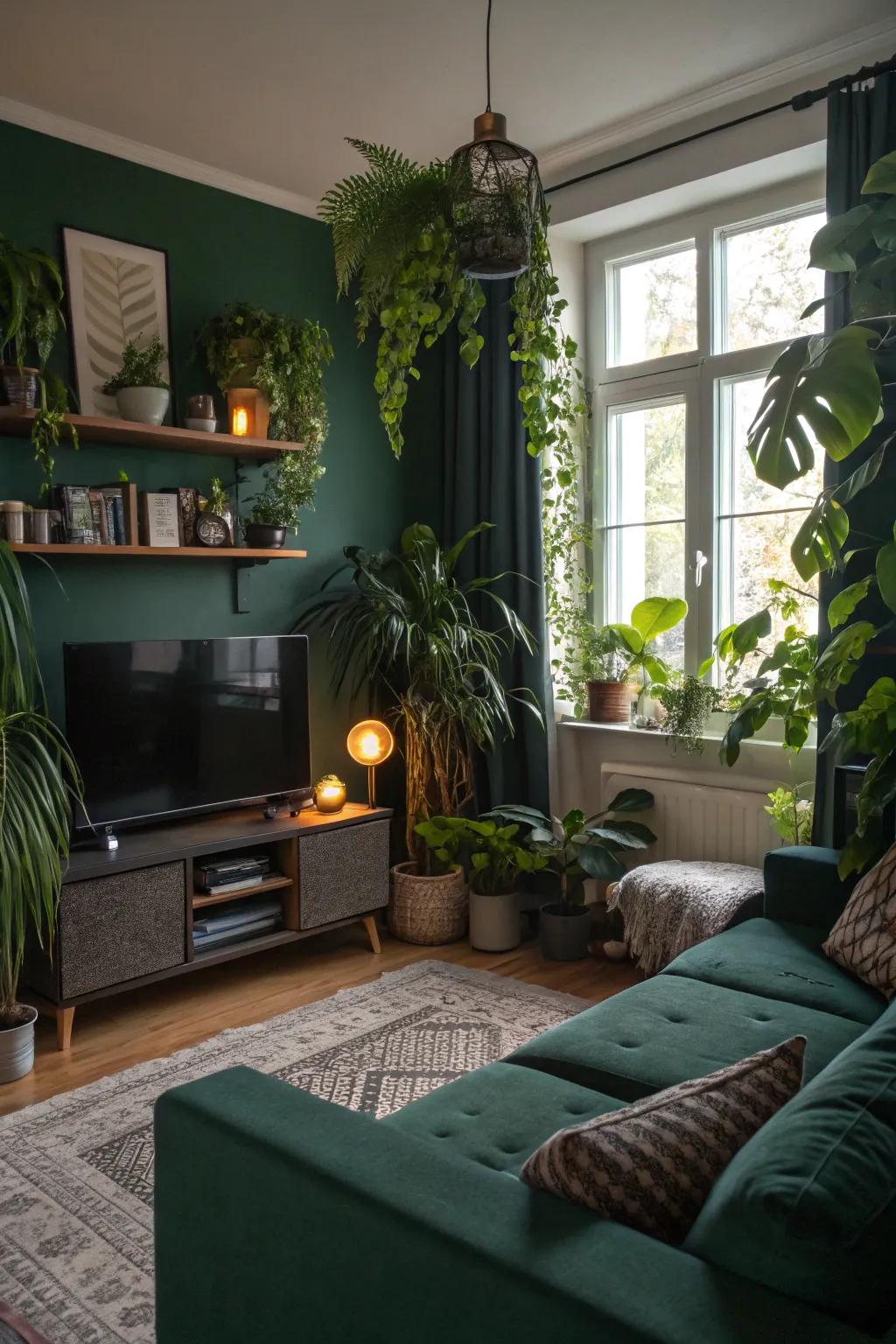 Indoor plants enhance the organic charm of a dark green themed living room.