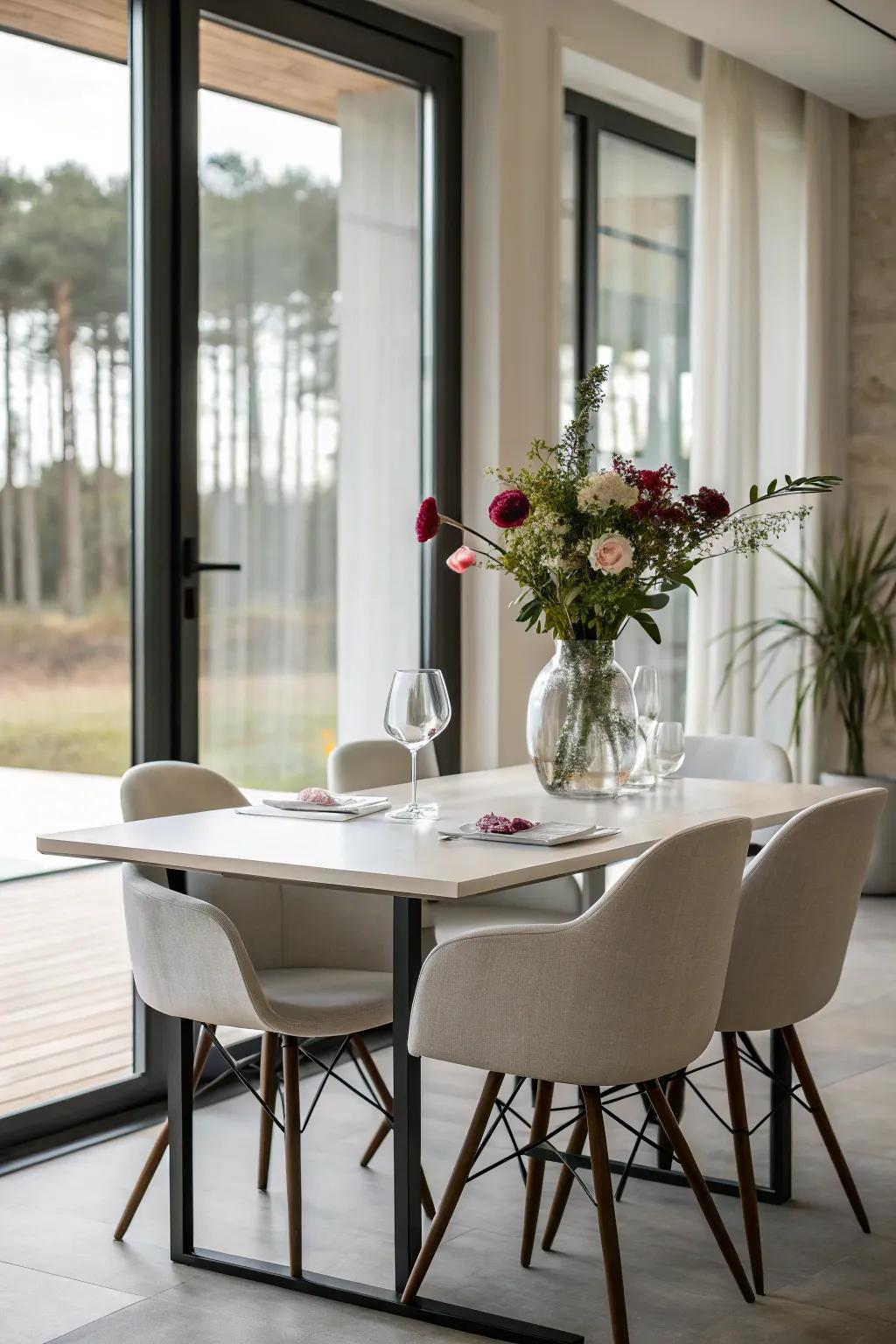 Minimalist furniture lends itself to a streamlined and spacious dining room aesthetic.