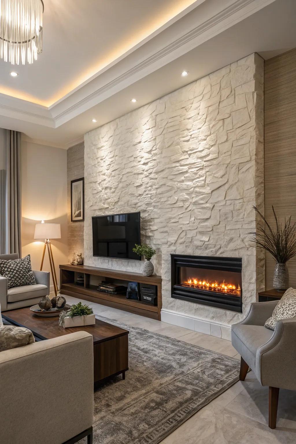 A textured accent wall provides a stunning backdrop for a modern electric fireplace.