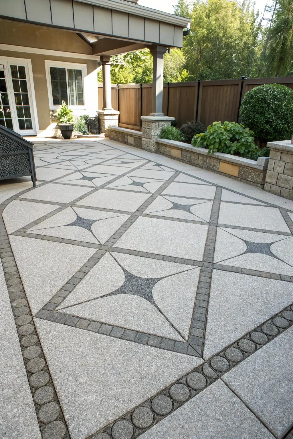 A patio showcasing a striking geometric design in the cobblestone.