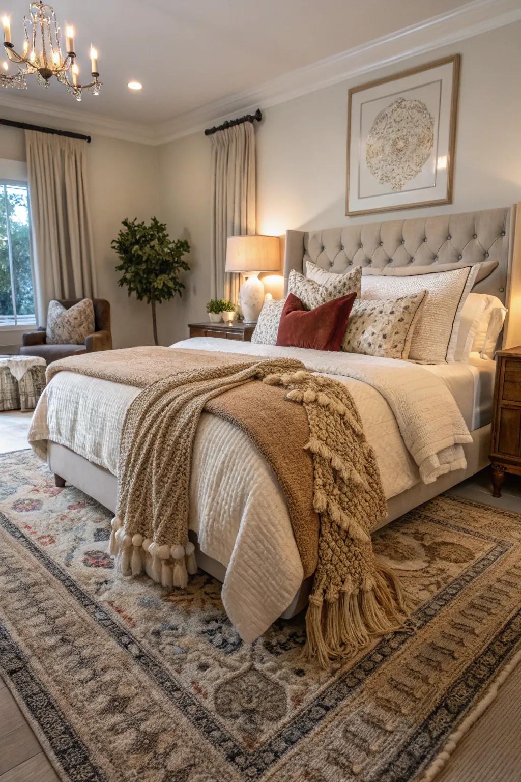 Textured fabrics fashion a comfortable and welcoming sensation in a farmhouse personal space.