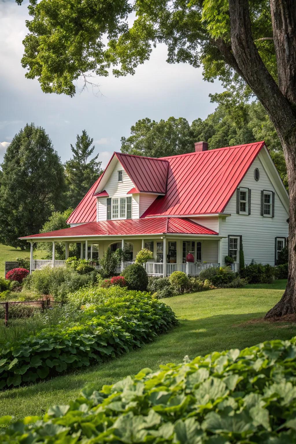 Lively allure: A bold crimson metal roof makes a farmhouse pop.