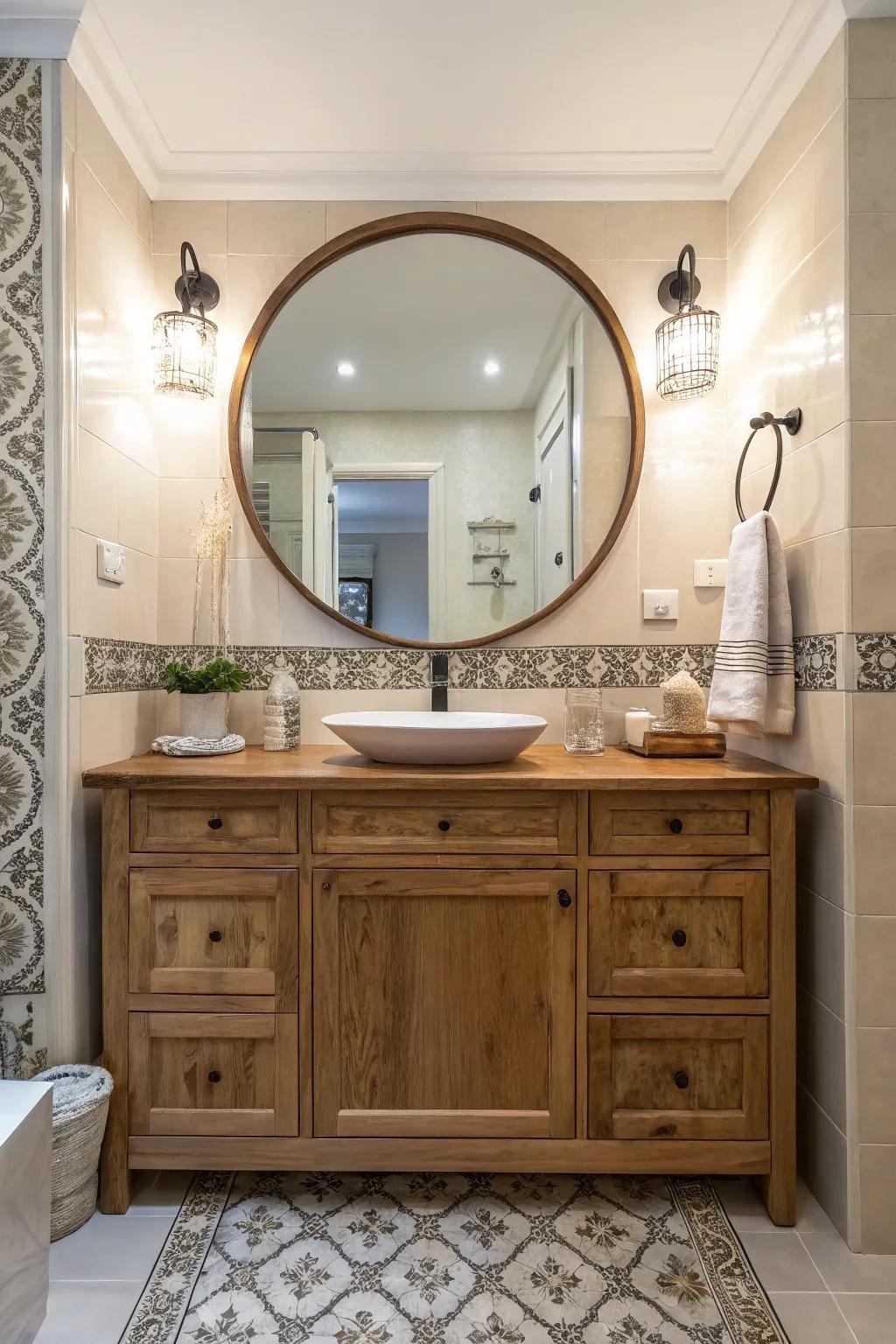 A large circular glass on top of a wood dresser in a washroom.