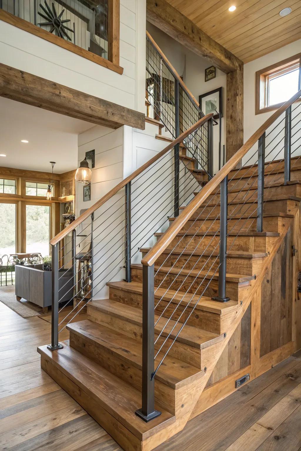 A stylish staircase featuring a combination of wood and metal for a modern farmhouse look.