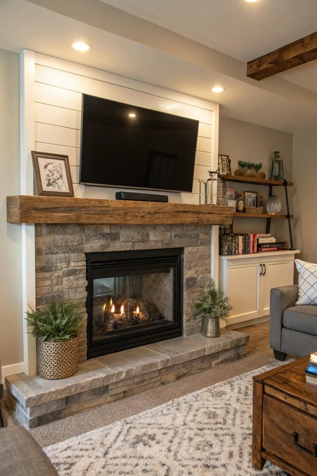 A country-style mantel infuses warmth into a contemporary hearth and display screen arrangement.