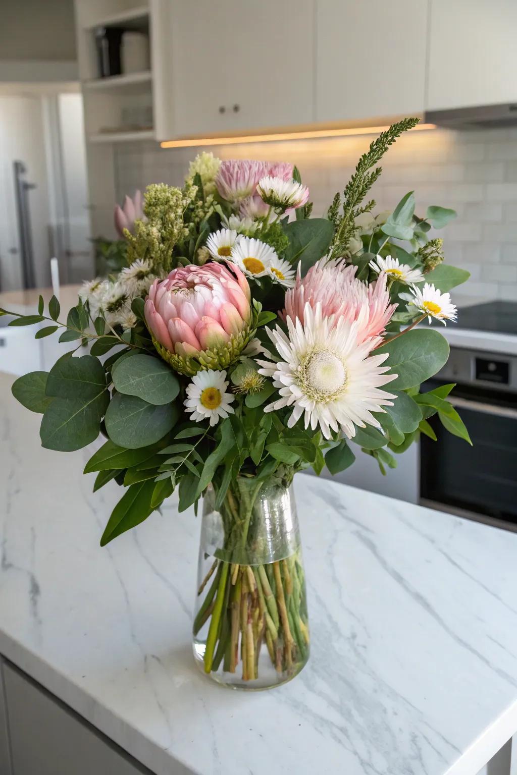 A diverse bouquet showcasing a selection of flowers, thereby adding depth and texture.