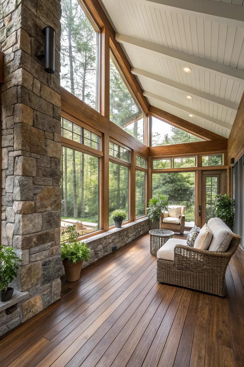 Native timber and stone infuse rustic appeal into a contemporary sunroom.